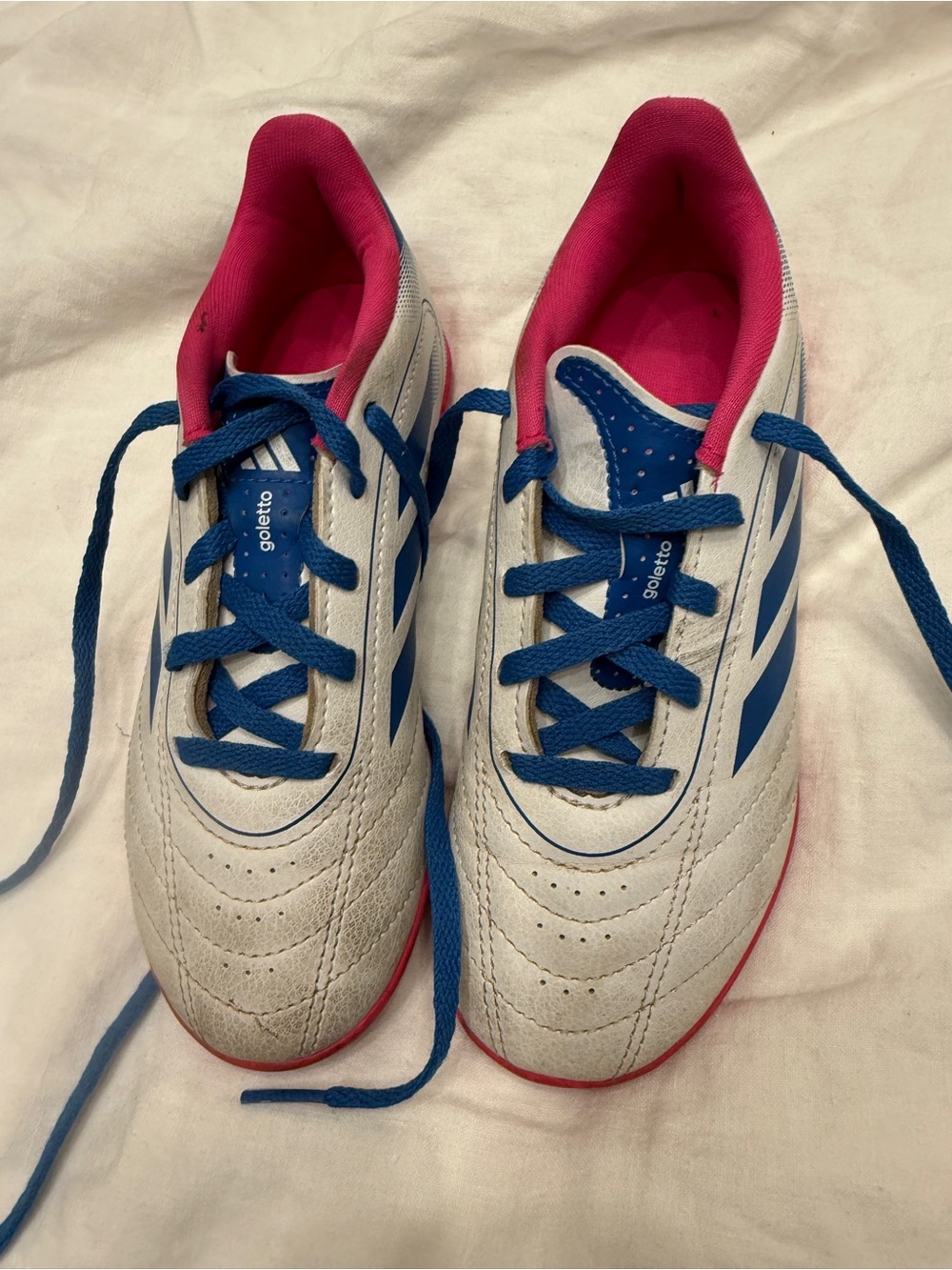 Kids White and Blue adidas Soccer Cleats with Pink Lining